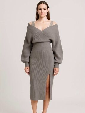 Cider Gray Off-Shoulder Ribbed Midi Dress with Balloon Sleeves